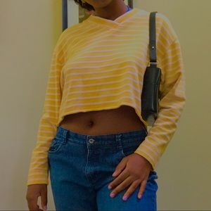 yellow and white striped v neck sweater